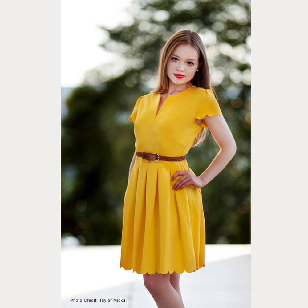 Yellow Sweet Scallop Pleated A-Line Dress by Sidef